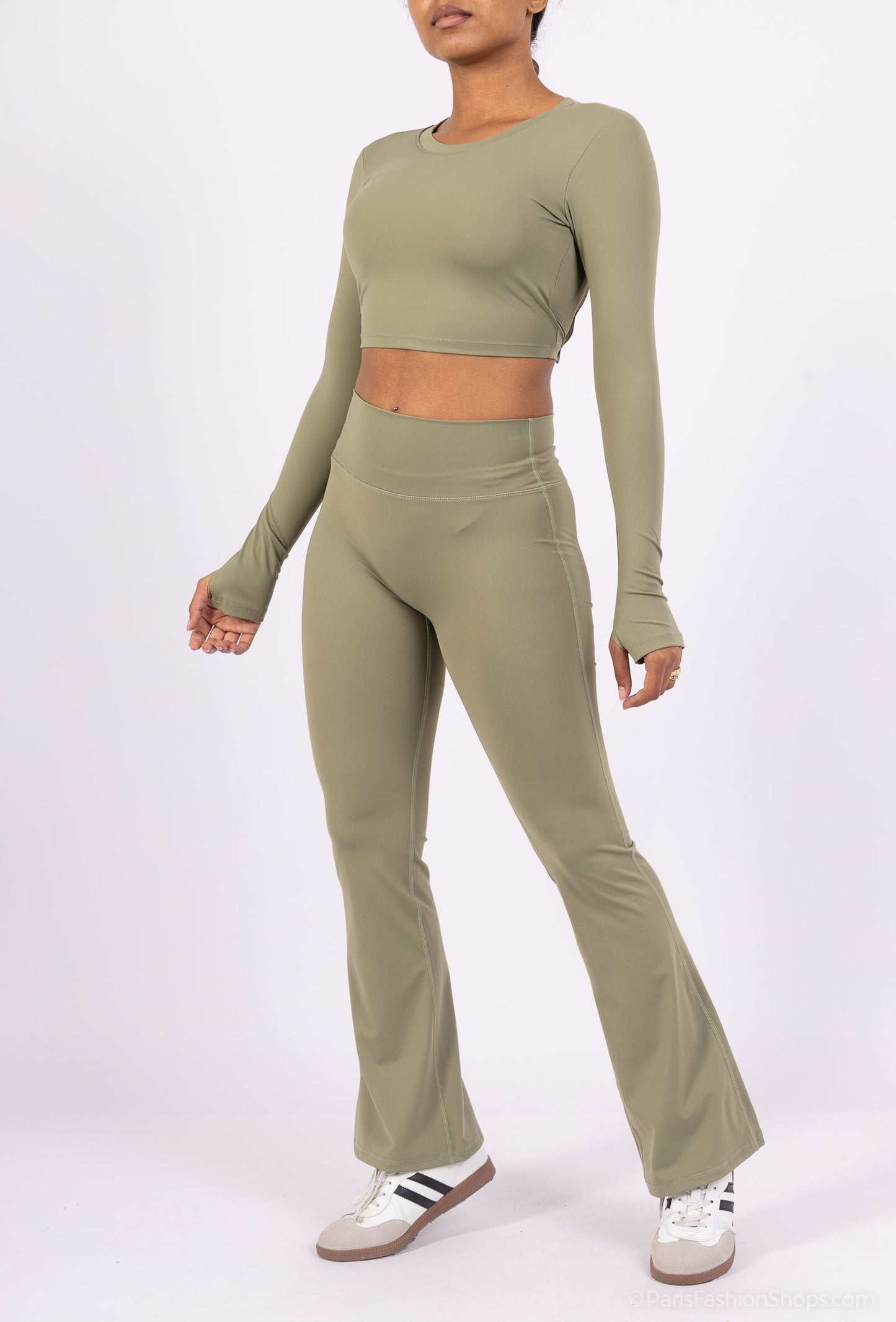 Long sleeve lace-up back top and flared pants set, sporty chic style