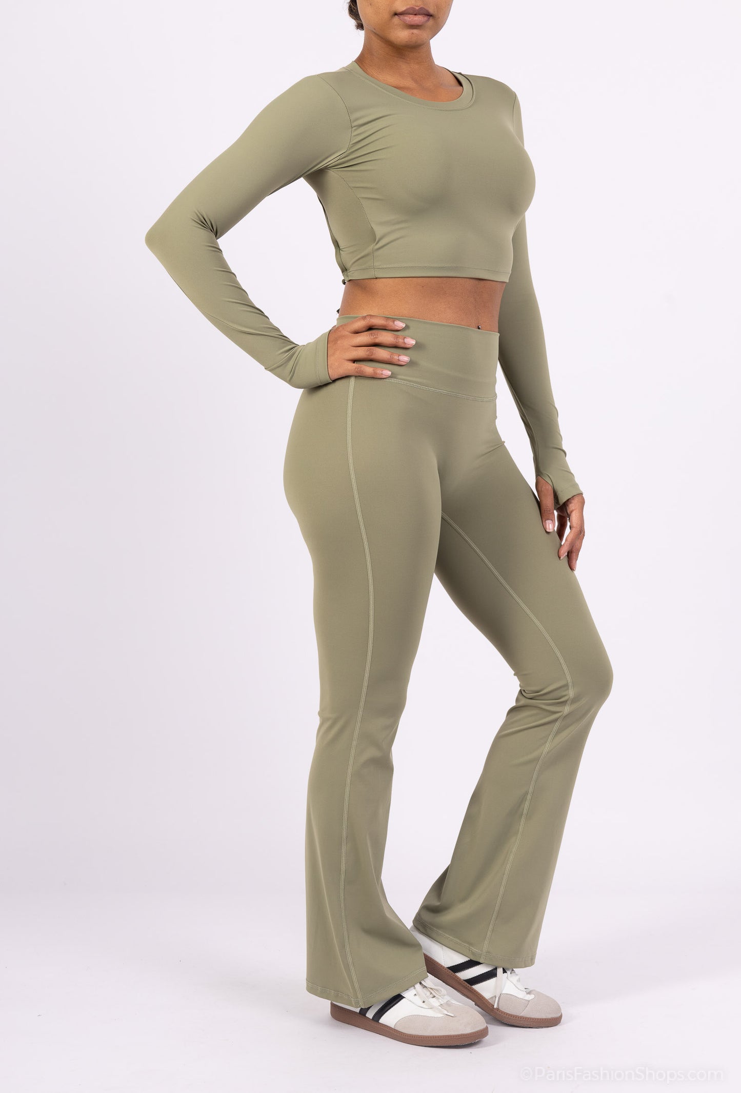 Long sleeve lace-up back top and flared pants set, sporty chic style