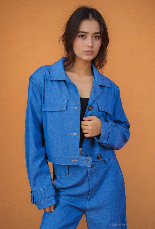 Buttoned cropped jacket + flowy pants set – chic and minimalist look