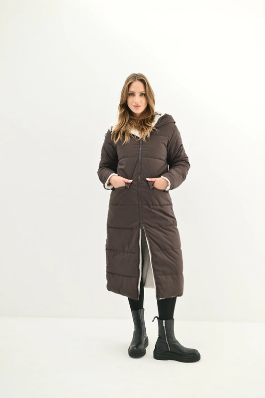 EVEREST - Long reversible coat in faux fur and quilted puffer with hood