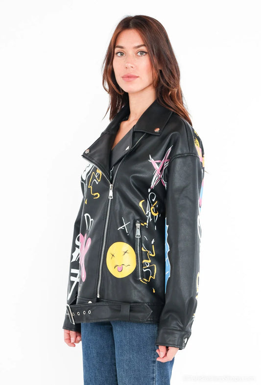 Women's black street style jacket with colorful prints – arty vibe