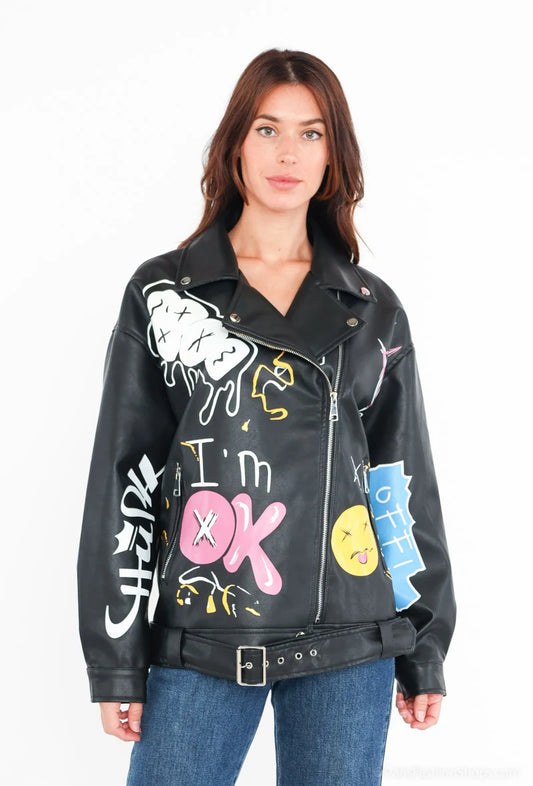 Women's black street style jacket with colorful prints – arty vibe