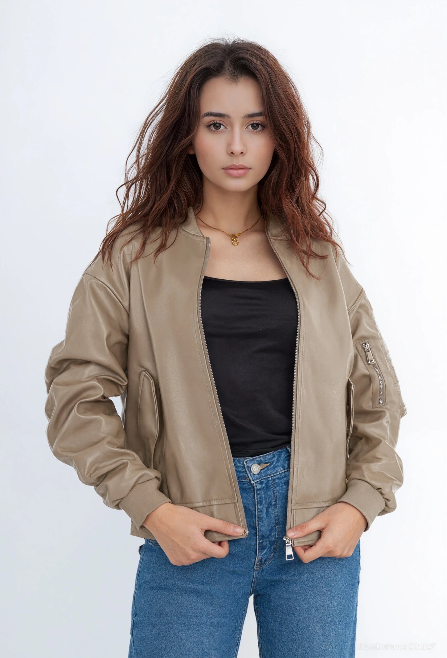 Women's oversized faux leather bomber jacket with straight cut, long sleeves, zip details, urban casual chic look