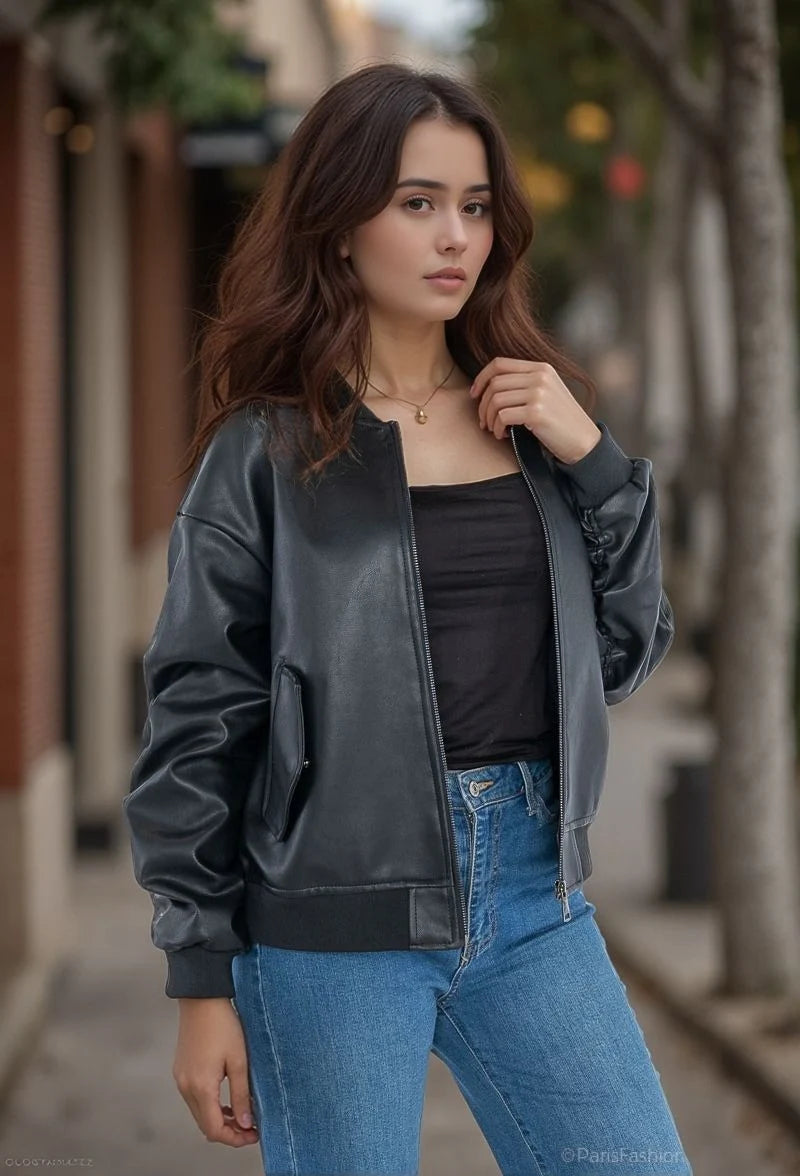 Women's oversized faux leather bomber jacket with straight cut, long sleeves, zip details, urban casual chic look