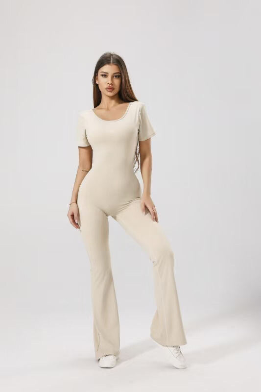 Women's backless fitted jumpsuit with short sleeves