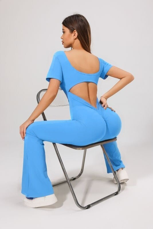 Women's backless fitted jumpsuit with short sleeves