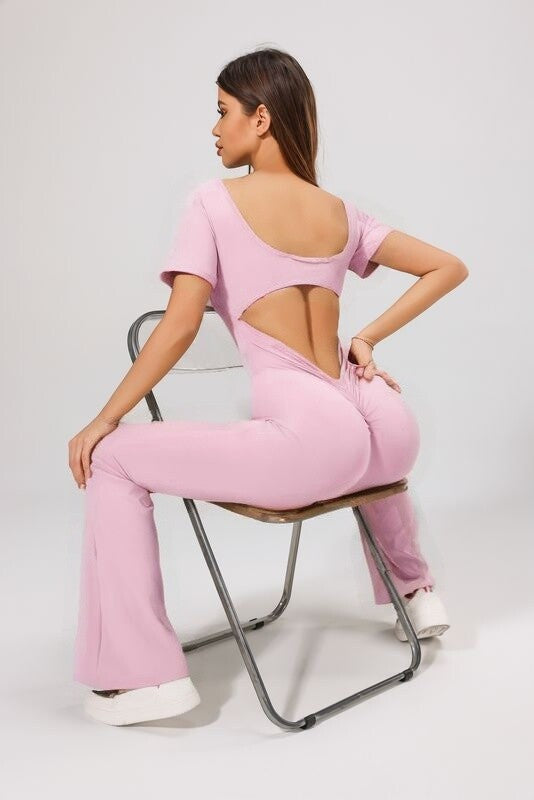 Women's backless fitted jumpsuit with short sleeves
