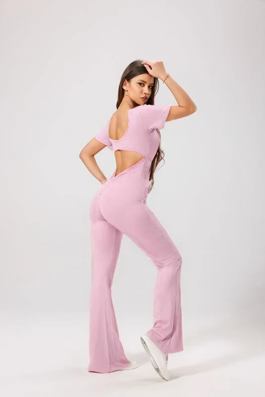 Women's backless fitted jumpsuit with short sleeves