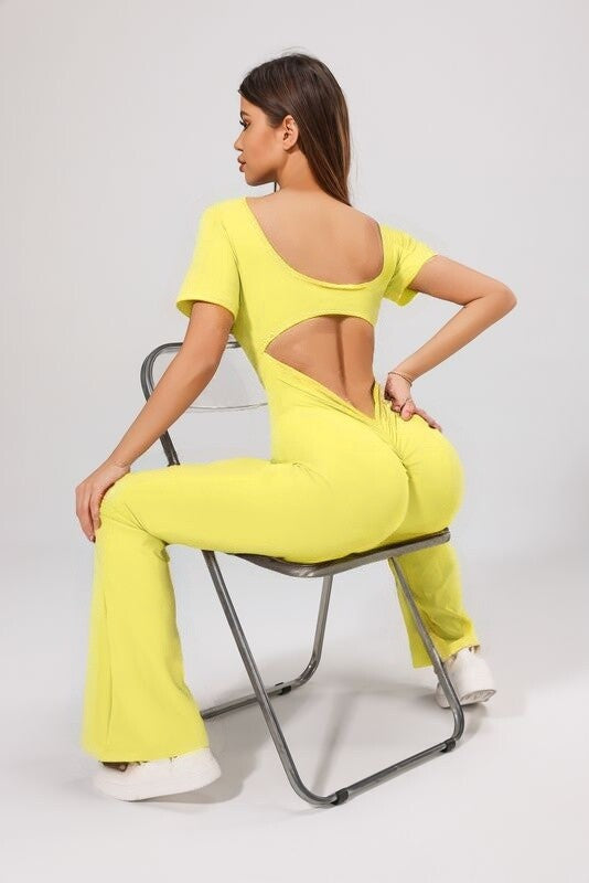 Women's backless fitted jumpsuit with short sleeves