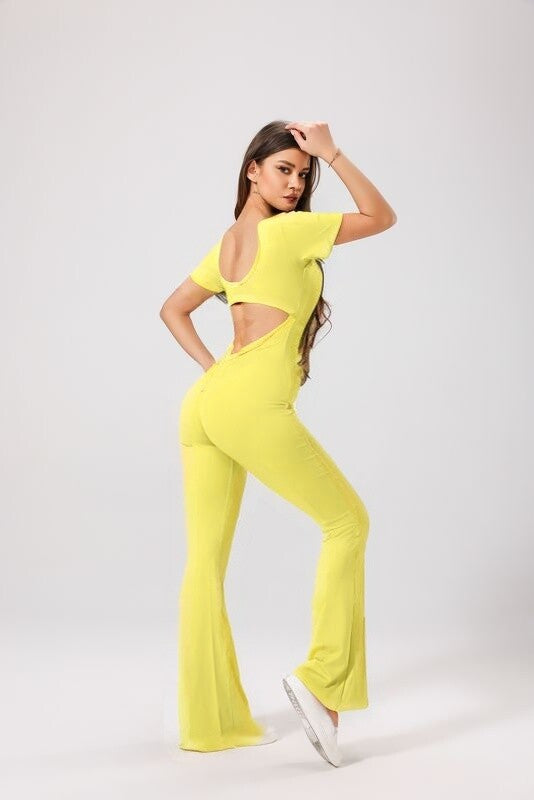 Women's backless fitted jumpsuit with short sleeves