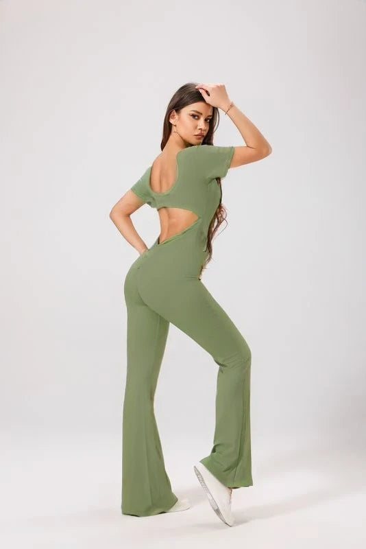 Women's backless fitted jumpsuit with short sleeves
