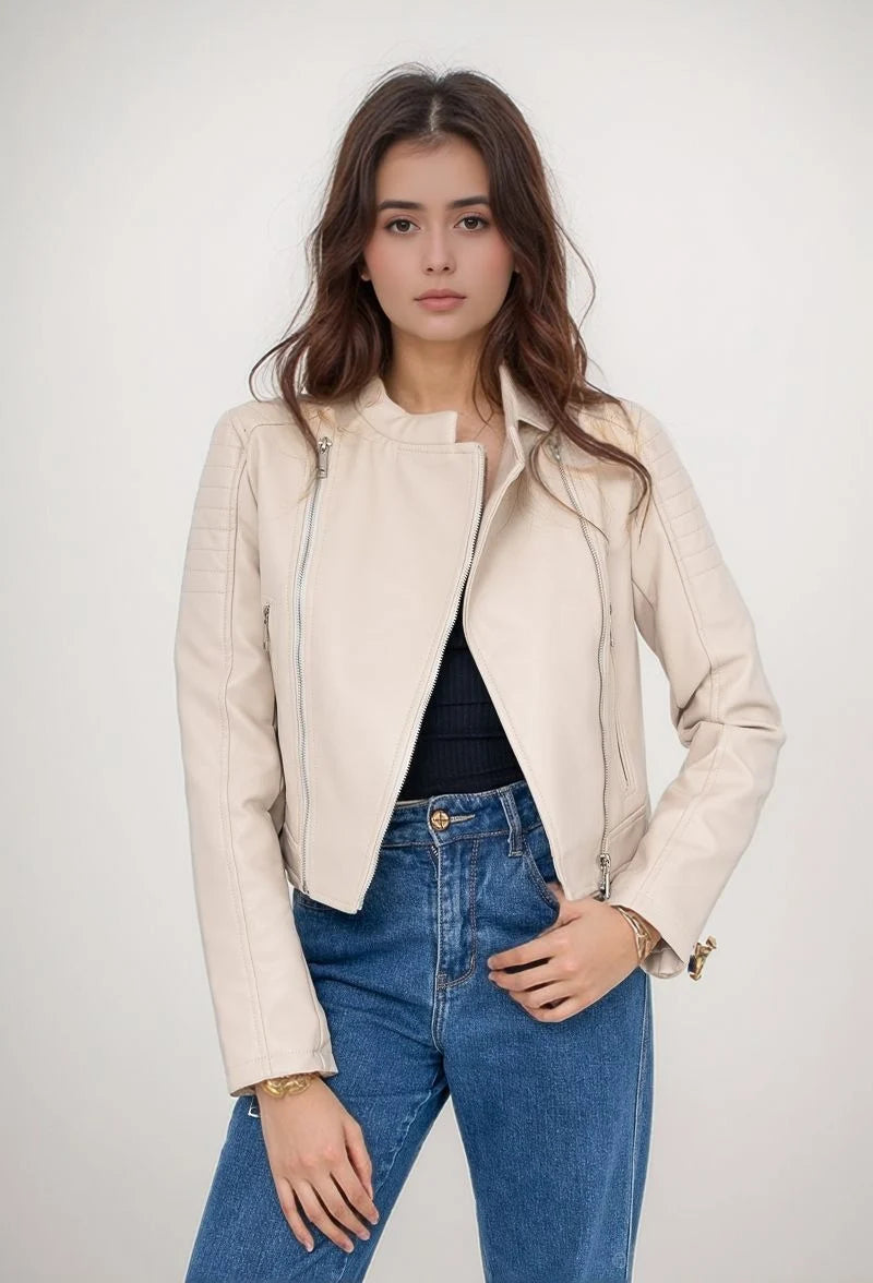 Women's short faux leather biker jacket with zip-up high collar