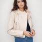Women's short faux leather biker jacket with zip-up high collar