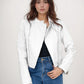 Women's short faux leather biker jacket with zip-up high collar