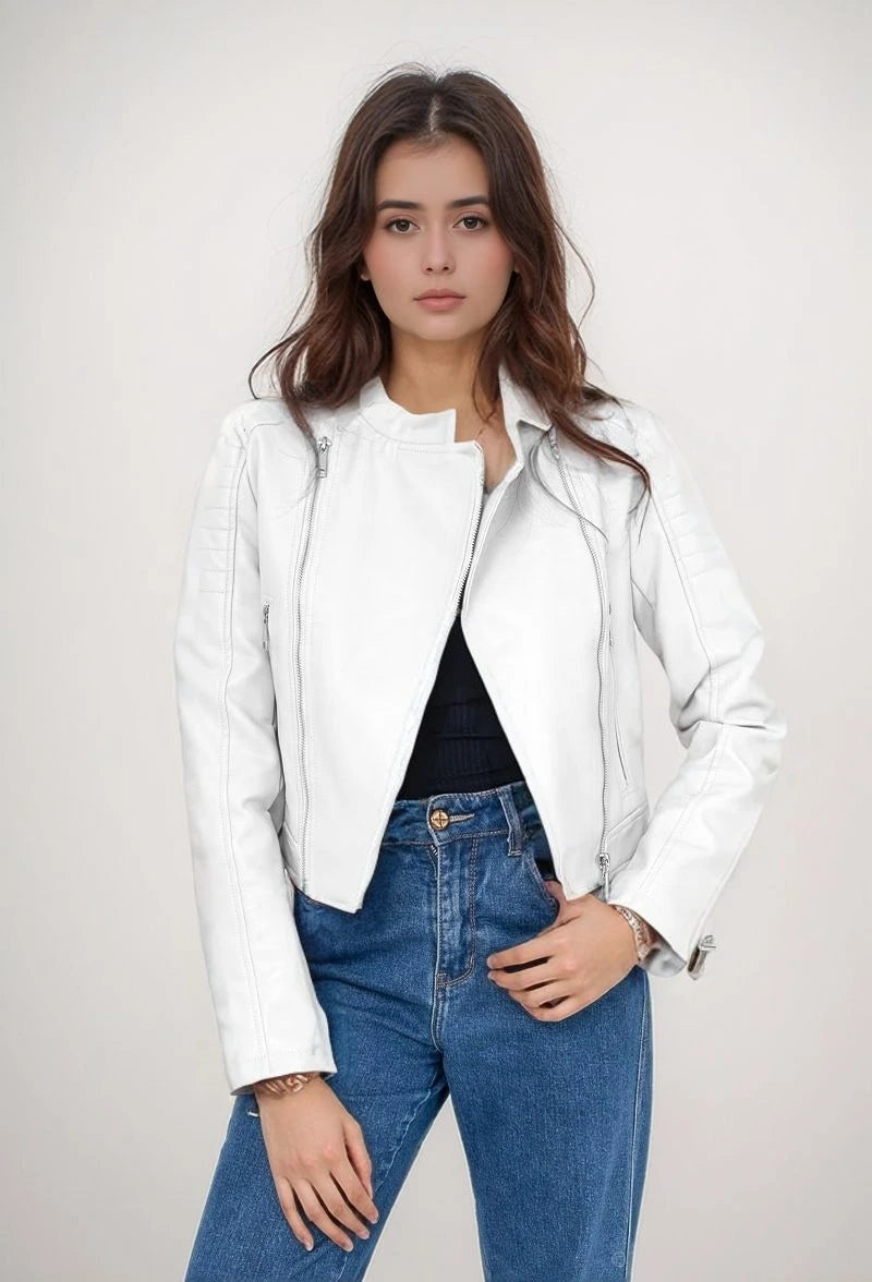 Women's short faux leather biker jacket with zip-up high collar