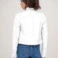 Women's short faux leather biker jacket with zip-up high collar