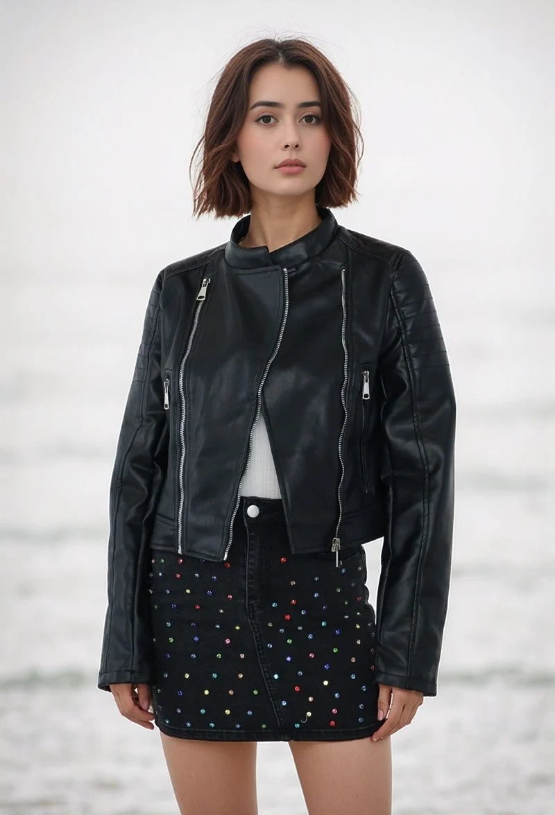 Women's short faux leather biker jacket with zip-up high collar