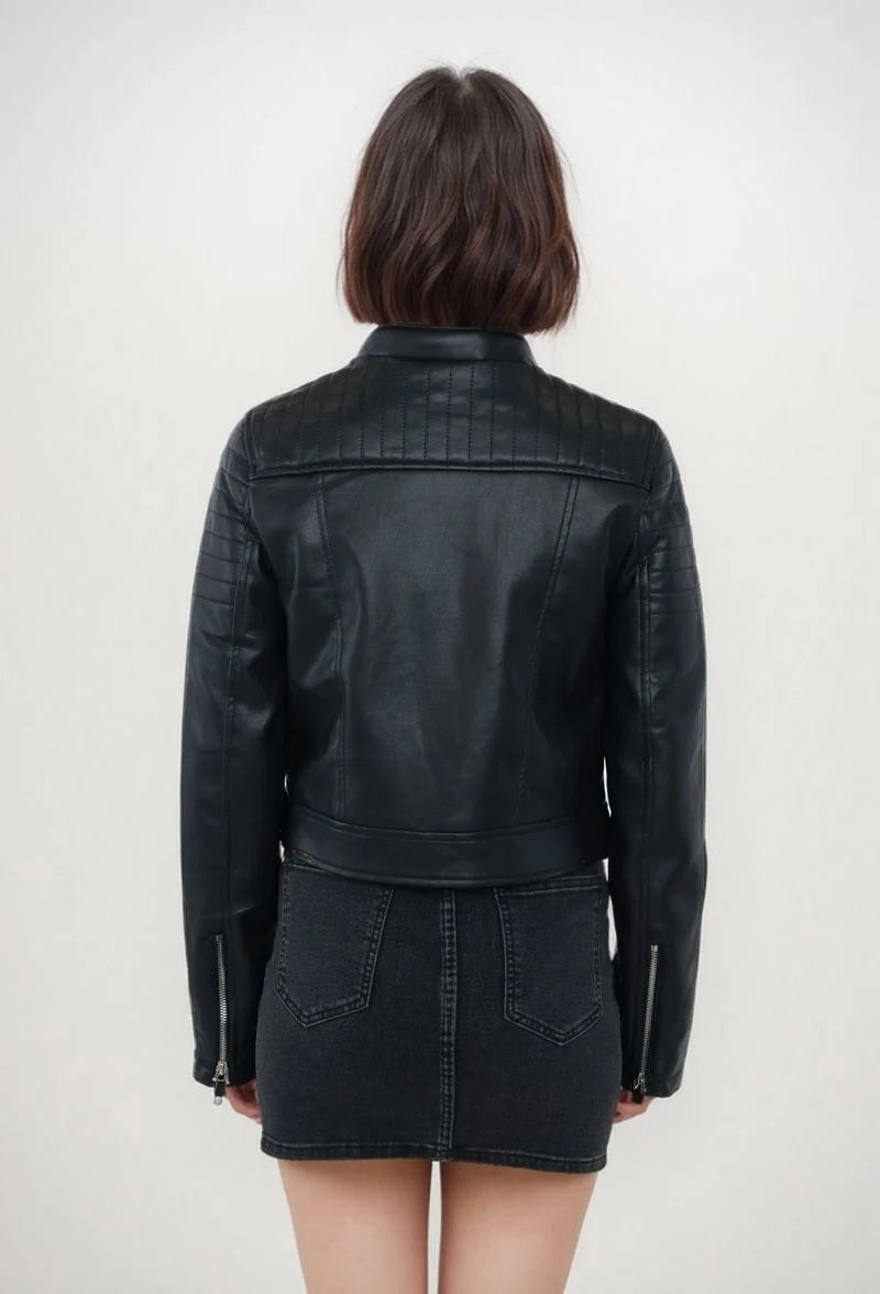 Women's short faux leather biker jacket with zip-up high collar