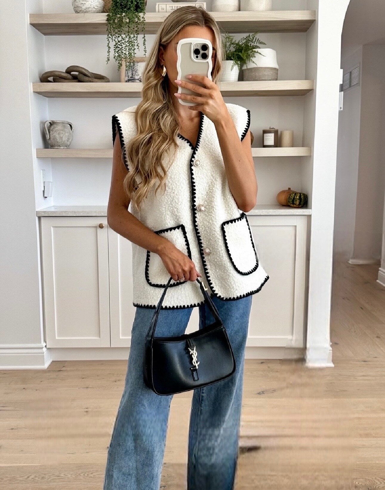 Boucle effect sleeveless vest with pockets and gold buttons