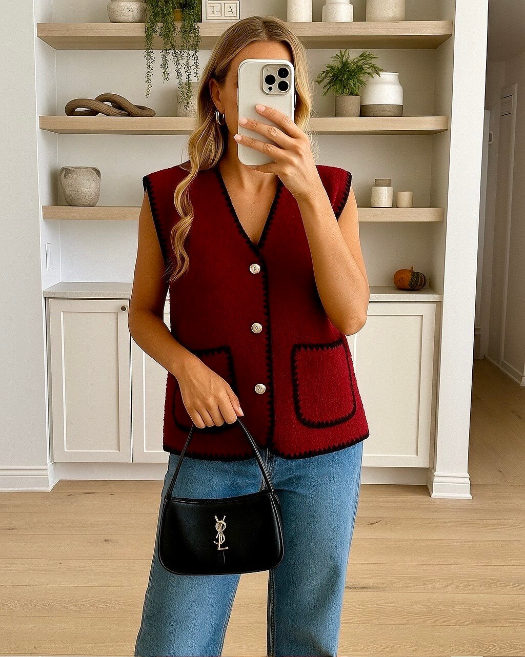 Boucle effect sleeveless vest with pockets and gold buttons