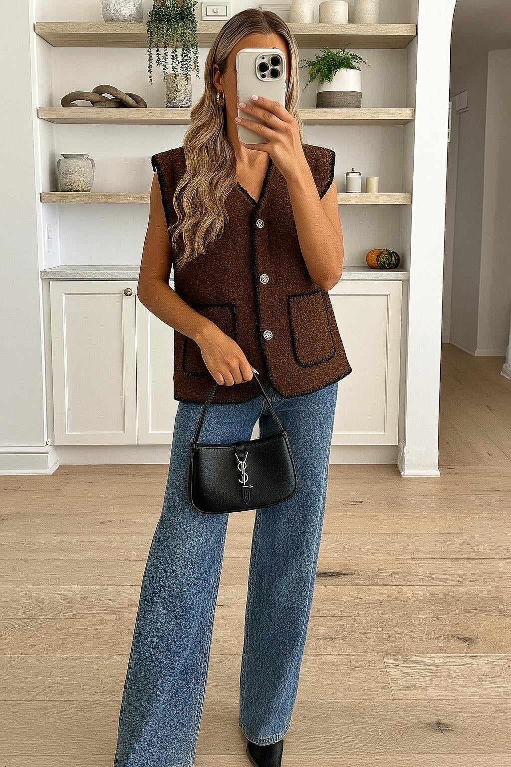 Boucle effect sleeveless vest with pockets and gold buttons