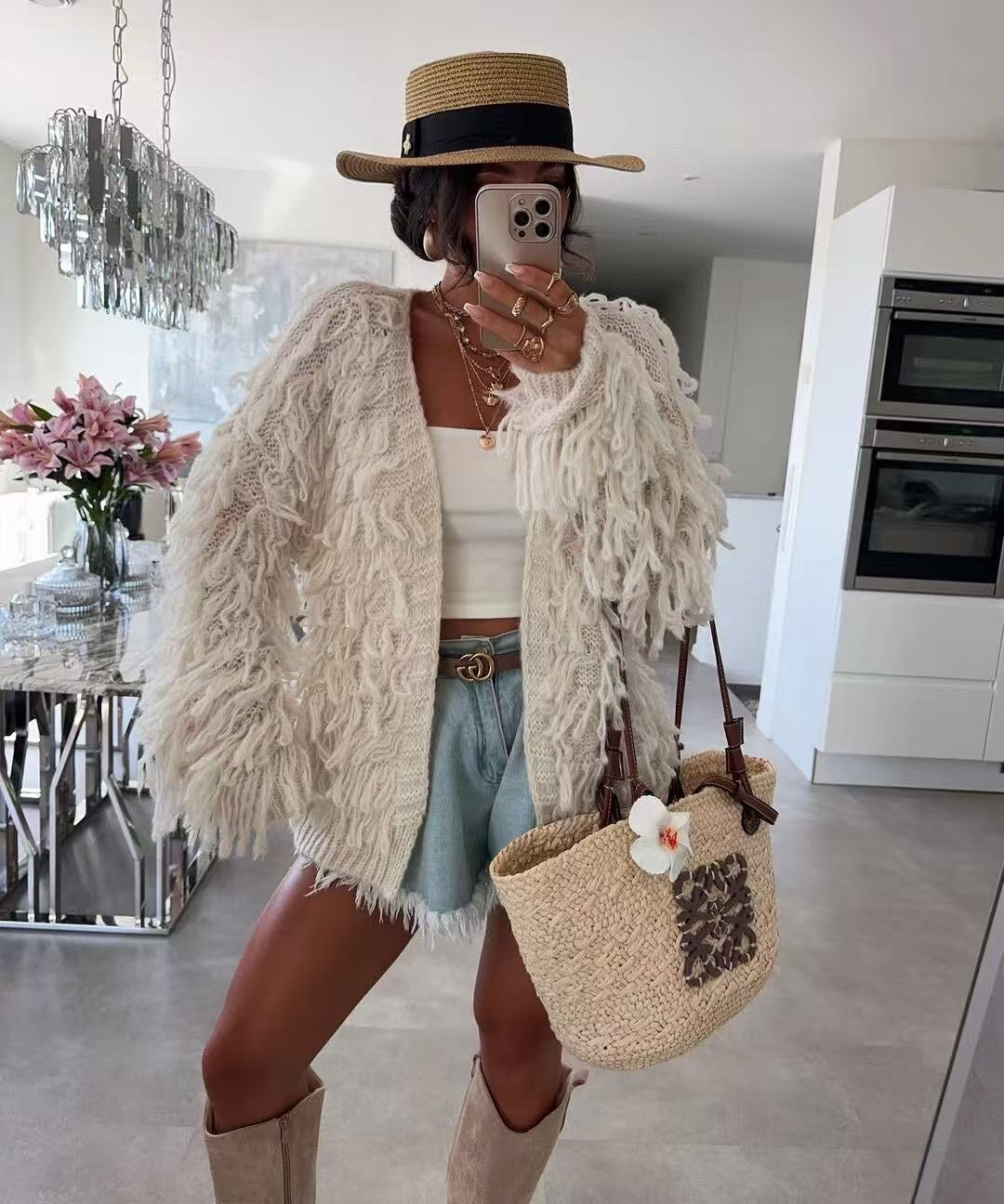 Open-front fringed cardigan