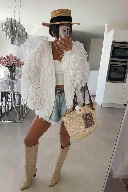 Open-front fringed cardigan