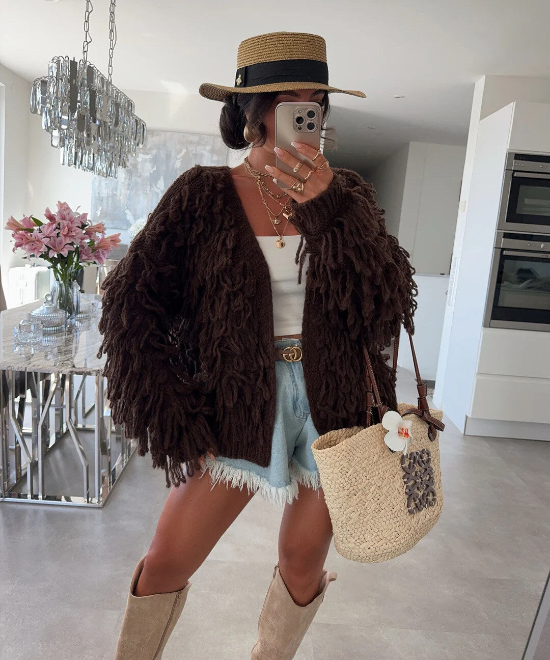 Open-front fringed cardigan