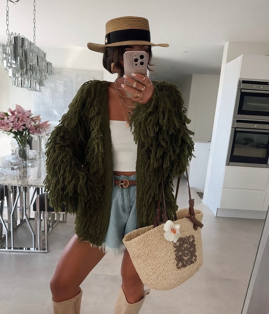 Open-front fringed cardigan