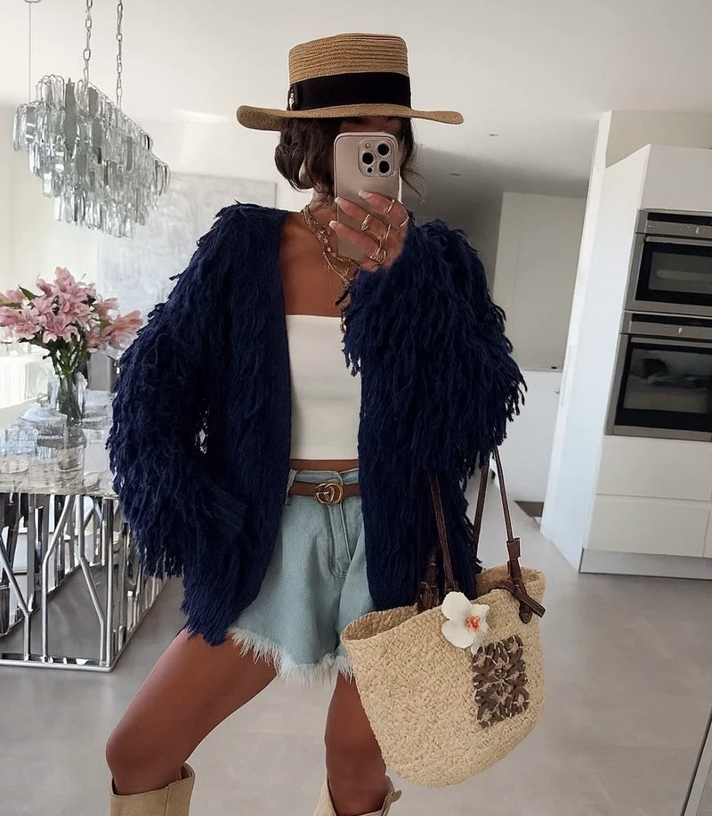 Open-front fringed cardigan