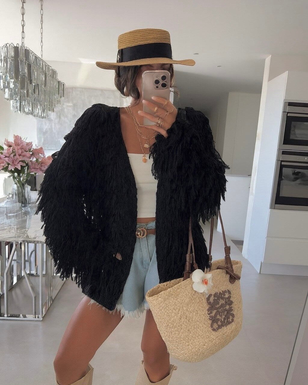 Open-front fringed cardigan