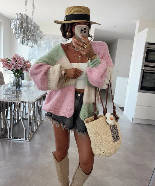 Open-front color block cardigan