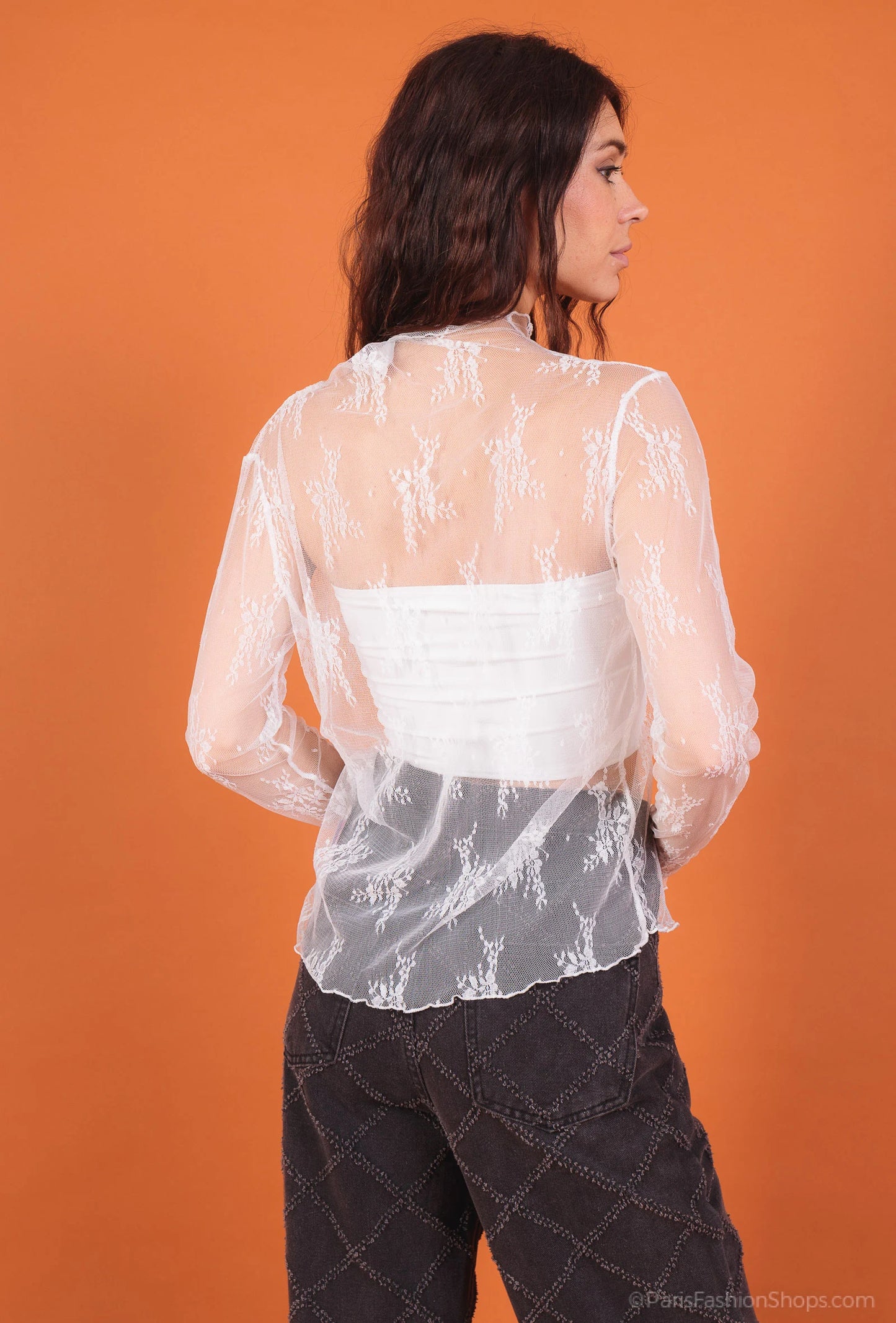 Sheer floral lace top with long sleeves and high neck