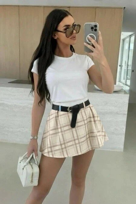 Short plaid print skirt – Belted
