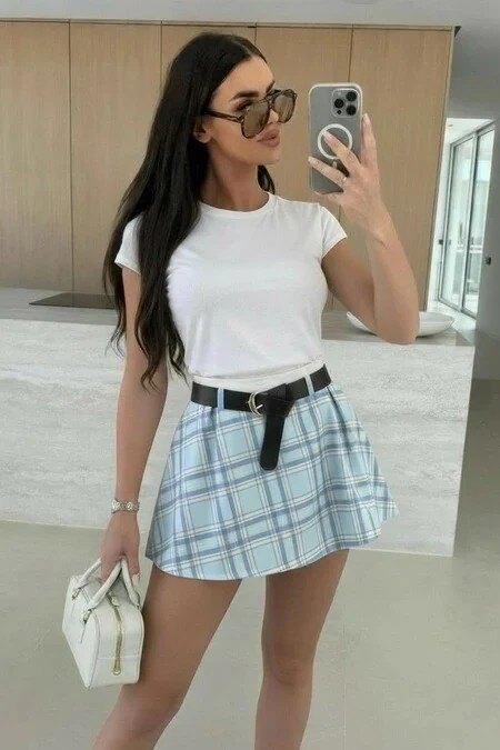 Short plaid print skirt – Belted