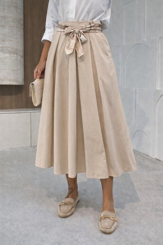 Cotton skirt with printed satin belt and elastic waist