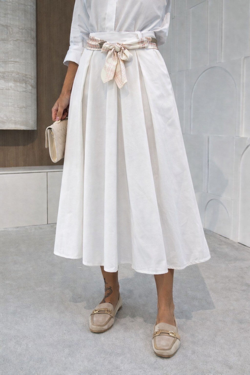 Cotton skirt with printed satin belt and elastic waist