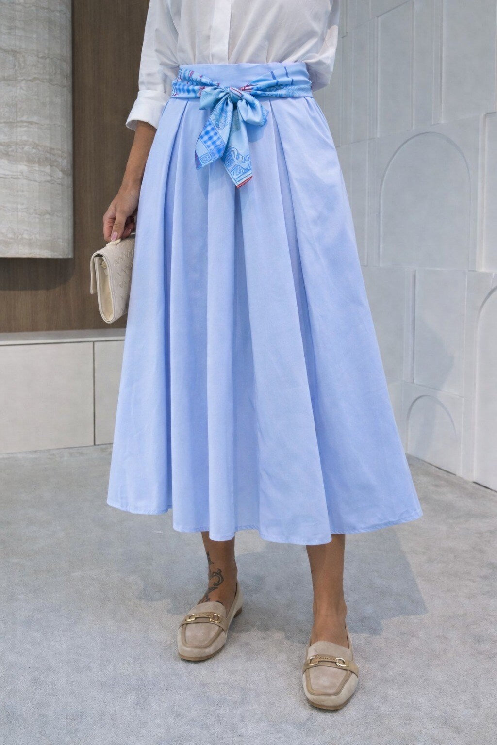 Cotton skirt with printed satin belt and elastic waist