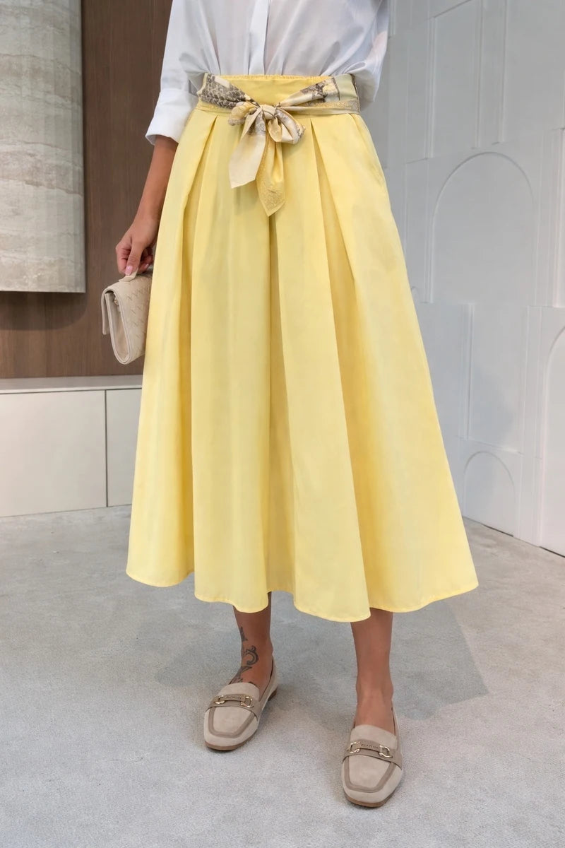 Cotton skirt with printed satin belt and elastic waist