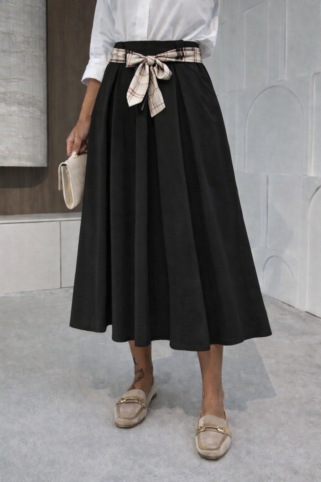 Cotton skirt with printed satin belt and elastic waist