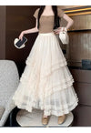 Long layered tulle skirt with ruffles, elastic waistband