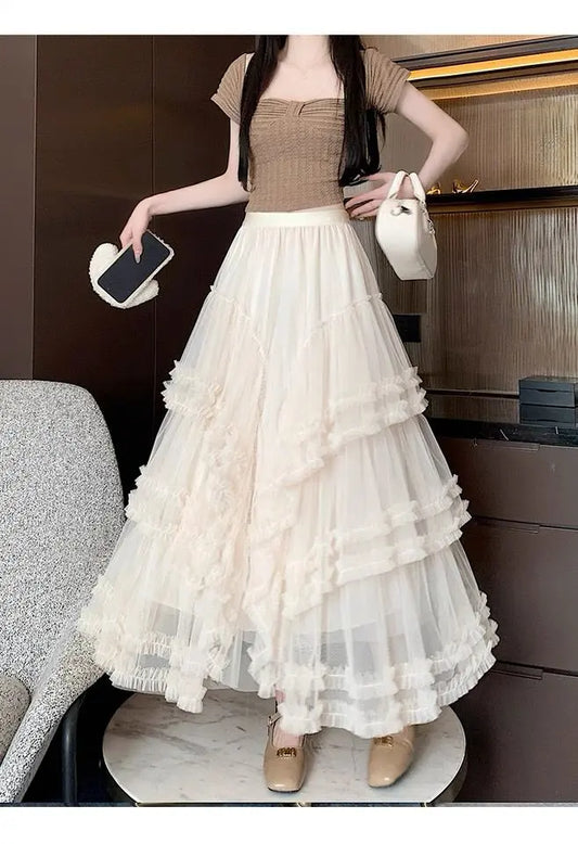 Long layered tulle skirt with ruffles, elastic waistband