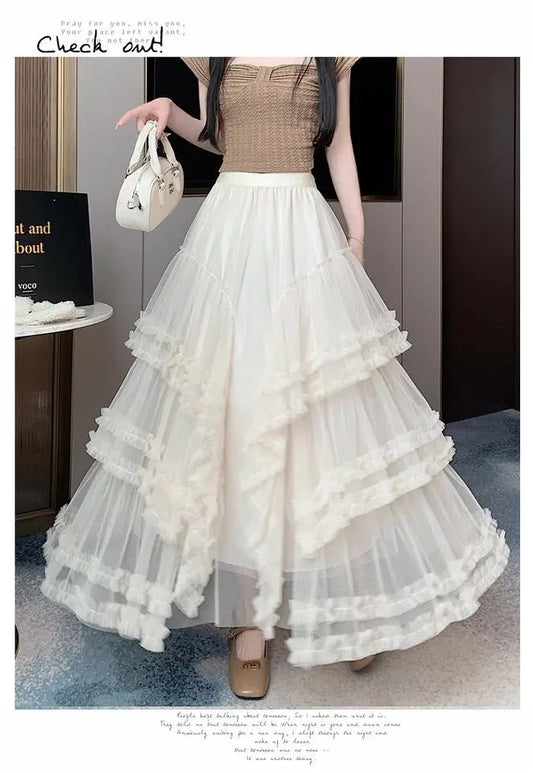Long layered tulle skirt with ruffles, elastic waistband