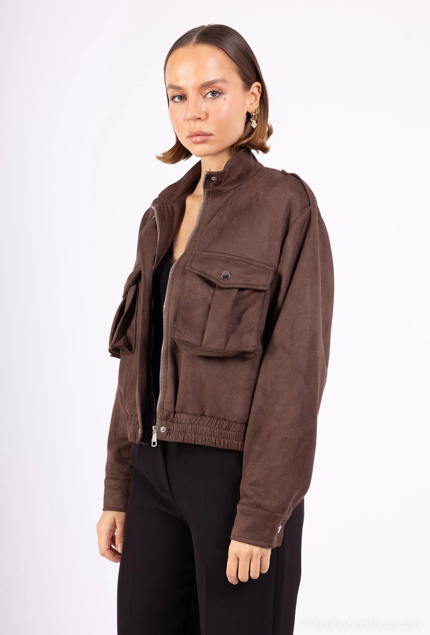 LEONA – Short faux suede jacket with patch pockets