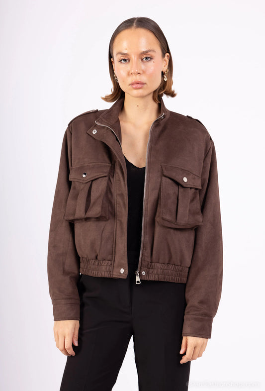 LEONA – Short faux suede jacket with patch pockets