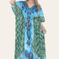 Long caftan with vibrant green geometric print, cinched waist, and adjustable silhouette Ref-7031-L