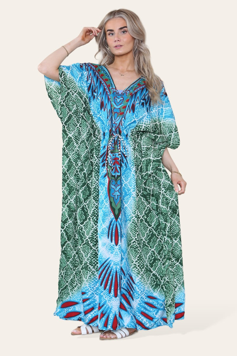 Long caftan with vibrant green geometric print, cinched waist, and adjustable silhouette Ref-7031-L