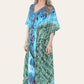 Long caftan with vibrant green geometric print, cinched waist, and adjustable silhouette Ref-7031-L