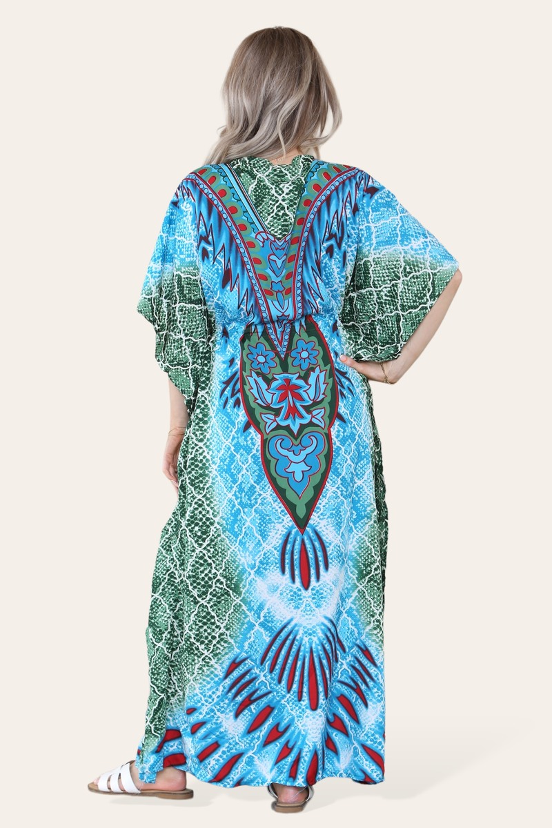 Long caftan with vibrant green geometric print, cinched waist, and adjustable silhouette Ref-7031-L