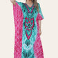 Long caftan with vibrant green geometric print, cinched waist, and adjustable silhouette Ref-7031-L